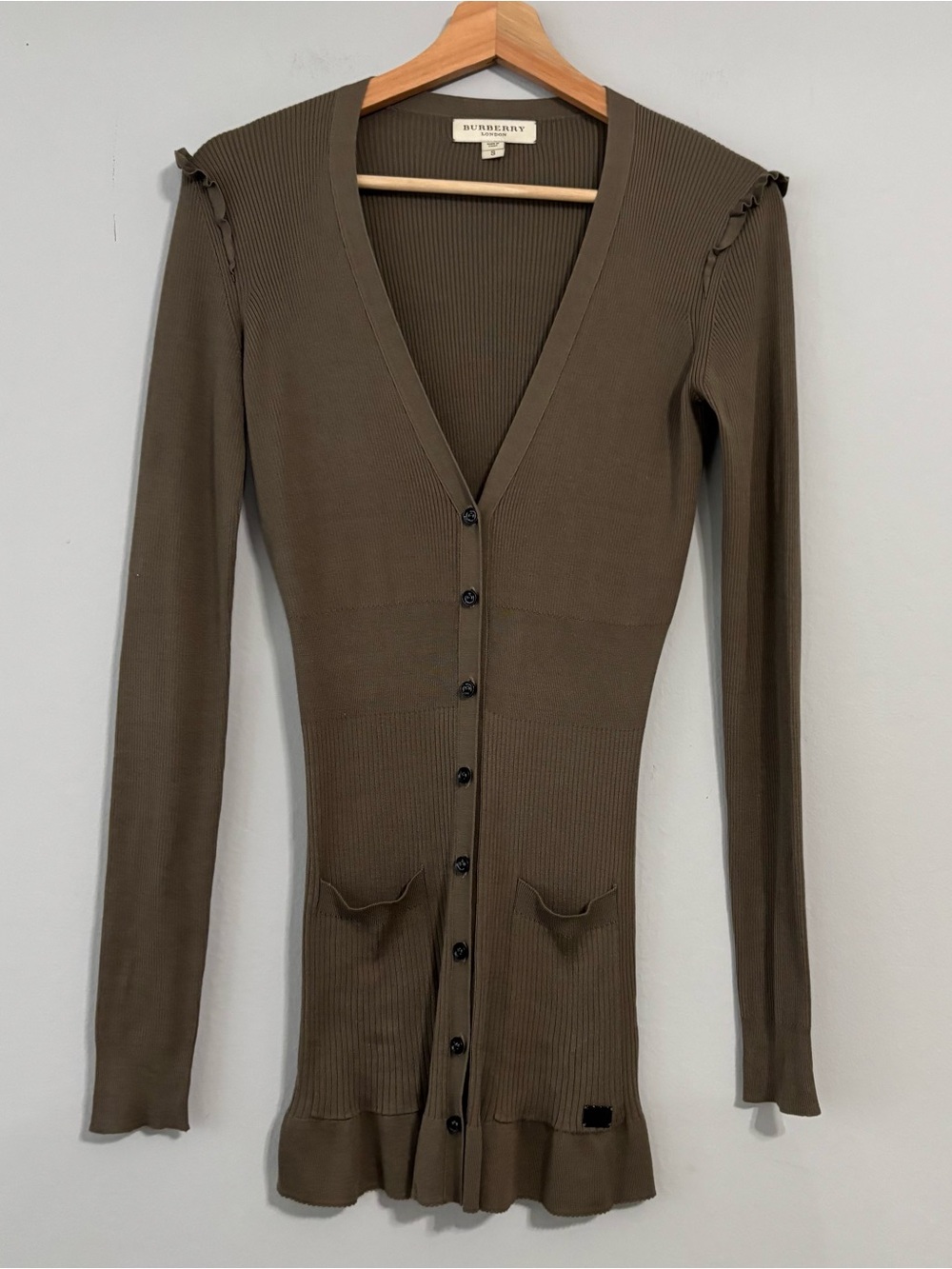 Burberry 100% Silk Tan Brown Button Up Slim Ruffle Shoulder Cardigan